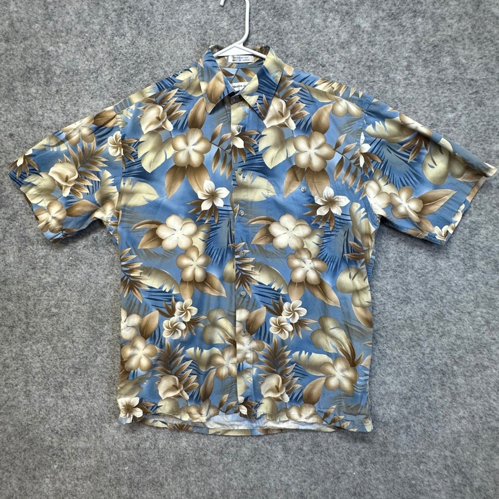 Pierre Cardin Button Front Shirt Men's Size M Blue Floral Cotton Hawaiian